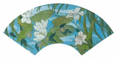 a fan with a painting of white flowers on it
