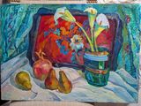 a painting of a vase with flowers and pears on a table