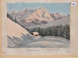 une image représentant un tableau représentant un paysage de montagne enneigé avec une cabane au premier plan