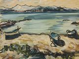 une peinture de bateaux sur la plage au bord de l'eau