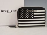 black and white american flag zip around wallet next to a white box