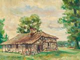 un tableau représentant une vieille grange dans un champ bordé d'arbres