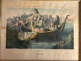 a picture of a painting of a boat with people in it