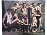 un tableau représentant un groupe d'hommes en maillot de bain