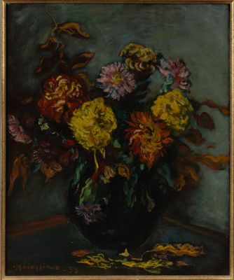 an oil painting of a vase of flowers on a table