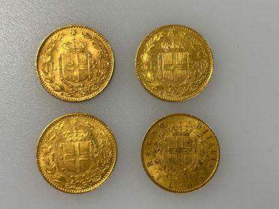 * Quatre pièces de 20 Lires or, années 1882 (x3), 1865. Poids. 25,81 g - Photo 1