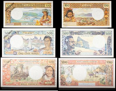four different bank notes with a picture of a man and a woman on them