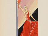 an old fashion magazine cover with a woman in a red dress