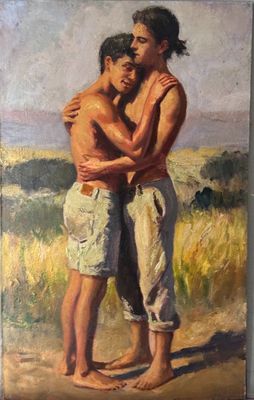 painting of two young boys hugging each other on a beach