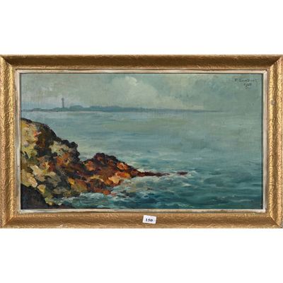 une peinture à l'huile représentant une côte rocheuse avec un phare au loin