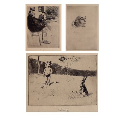 trois dessins représentant un homme et un chien dans un champ