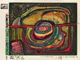 peinture abstraite représentant une structure circulaire aux multiples couleurs et formes