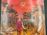 a painting of a man and a dog in a forest