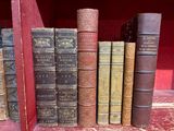 Plusieurs vieux livres sont alignés sur une étagère devant un mur rouge.