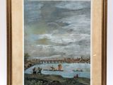 an oil painting of a view of a river with boats in the foreground