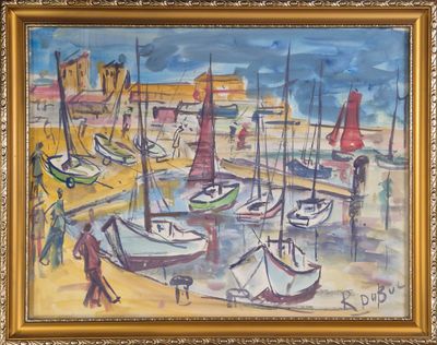 un tableau représentant des bateaux dans un port, avec des passants qui déambulent