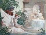 un tableau représentant une femme assise par terre près d'une fontaine