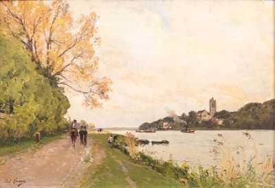 a painting of people walking down a path by the water