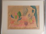 tableau représentant une nature morte avec une cruche et des fruits posés sur une table