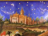 a painting on the wall of a building with a castle in the background