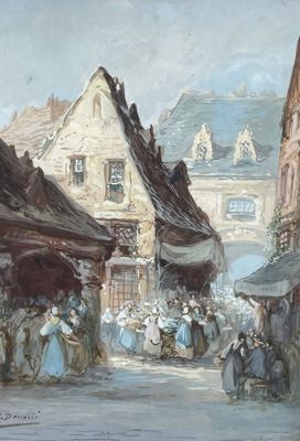 a painting of a street scene with people walking down the street