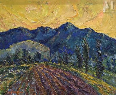 une peinture à l'huile représentant un champ avec des montagnes en arrière-plan