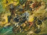 a painting of a man riding a horse and a bear