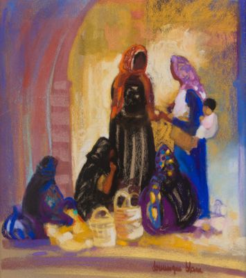 une peinture à l'huile représentant un groupe de femmes assises par terre