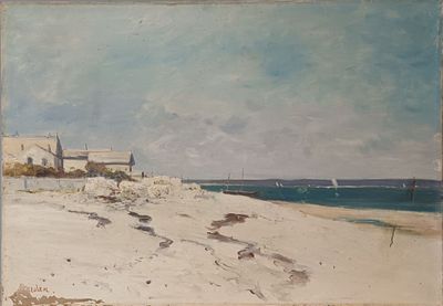 un tableau représentant une scène de plage avec une église en arrière-plan
