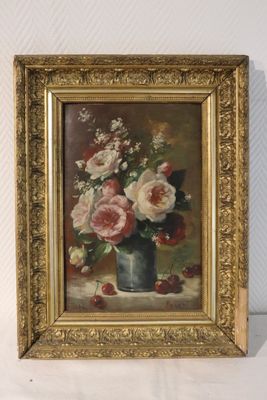 a painting of flowers in a vase on a table