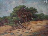 an oil painting of a tree in the middle of a dirt road