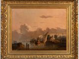 an oil painting of boats in a body of water with clouds in the background