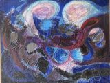 peinture abstraite représentant deux anges dans un ciel bleu, avec des touches de rose et de violet