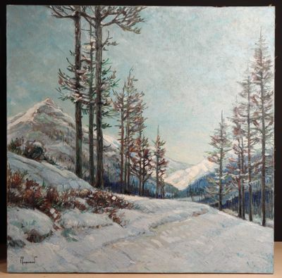 an oil painting of a snowy mountain scene with pine trees