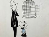 dessin humoristique représentant un homme et un enfant regardant un oiseau dans une cage