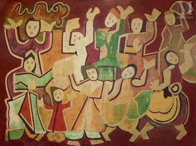 peinture représentant un groupe de personnes sur un mur, avec un cheval