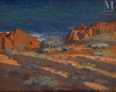 an image of a painting of a desert area with a body of water in the background