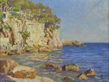 an oil painting of a rocky beach with a cliff in the background
