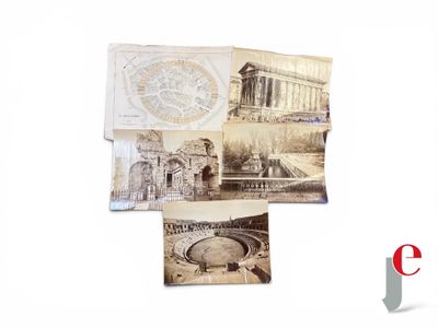 several old photos of a building and a fountain on a white surface