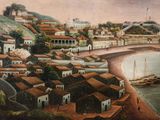 painting of a view of a town on a hill overlooking a body of water with a boat in the foreground