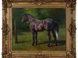 tableau représentant un cheval debout dans un champ, avec une clôture en arrière-plan