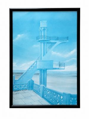 framed picture of a painting of a stairway leading to a beach