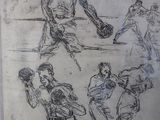 Des croquis de joueurs de baseball figurent sur un dessin réalisé sur une feuille de papier
