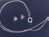 un gros plan d'un ensemble composé d'un collier et de boucles d'oreilles posé sur une table