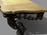 an image of a wooden table with a marble top on a grey background