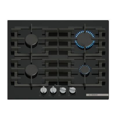 une image représentant une plaque de cuisson à gaz noire avec des flammes bleues