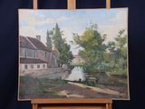 tableau sur chevalet représentant un village au bord d'une rivière