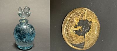 two pictures of a glass bottle and a gold medal