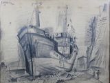 drawing of a boat in the water with a man standing next to it