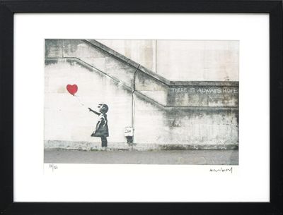 a painting of a girl holding a red balloon